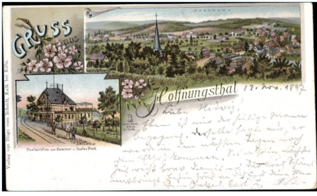 Eine alte Postkarte mit floralen Akzenten, einer Panoramadarstellung einer Stadt, einem detaillierten Gebäude mit der Aufschrift "Restaurations von Hammer" und handgeschriebenem deutschen Text von 1892.
